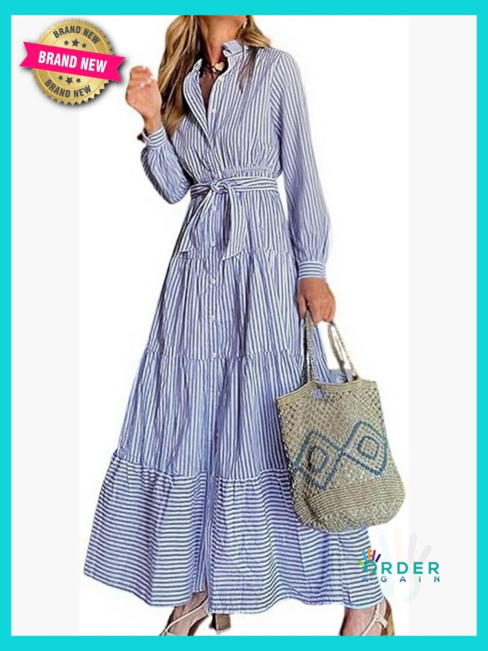 Striped Maxi Shirt Dress Long Sleeve Button Down Tie Waist Ruffled Hem Boho